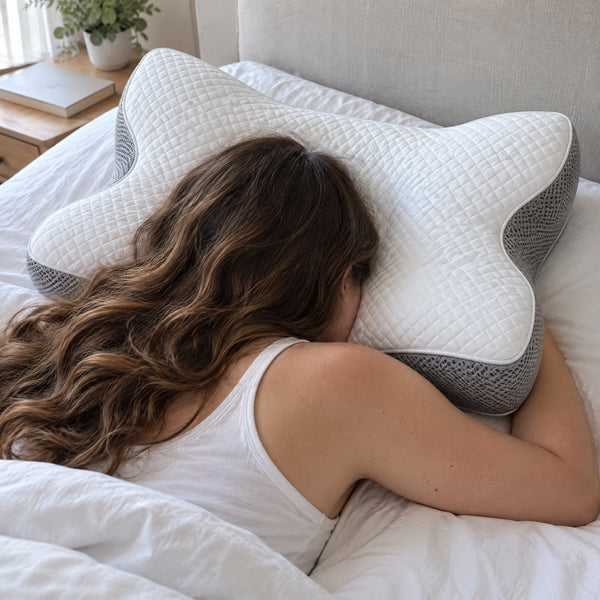 Close view of a shoulder resting in the curved cut-out of the pillow
