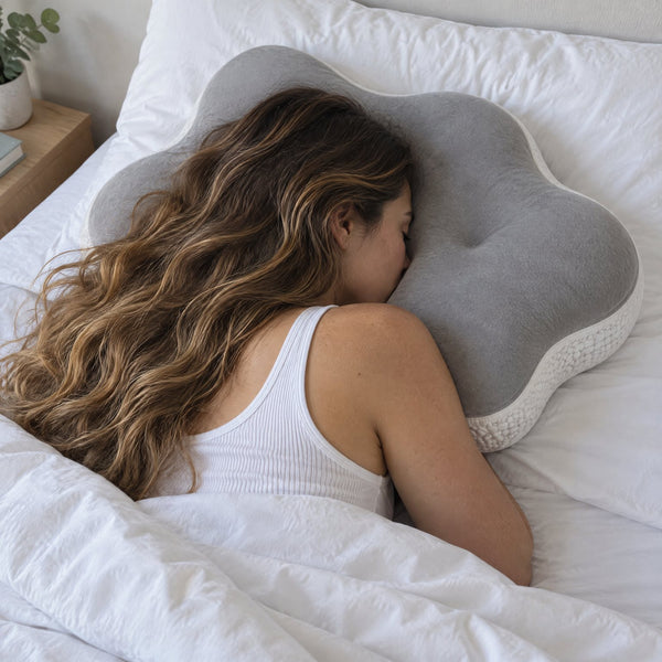 Shoulder resting in the notch between two lobes of the pillow